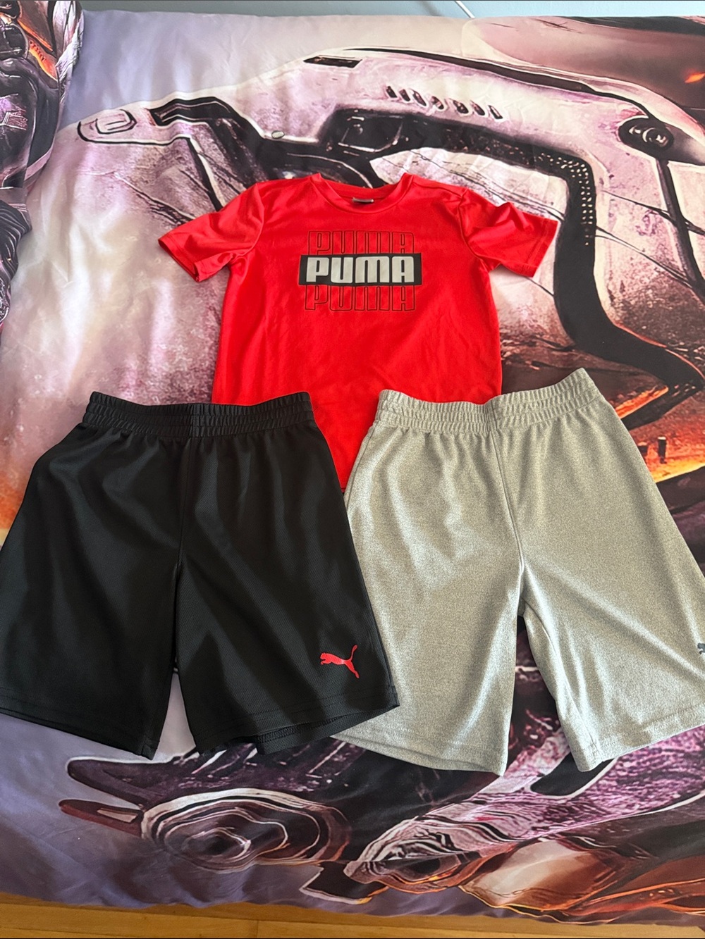 3 Piece Puma Red Tech Tee with Black and Gray Athletic Shorts